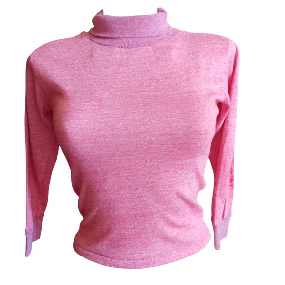 XS Vintage T-shirt Single Stitch 1970's Pink Turtleneck Long Sleeve Buttery Thin - Picture 2 of 8